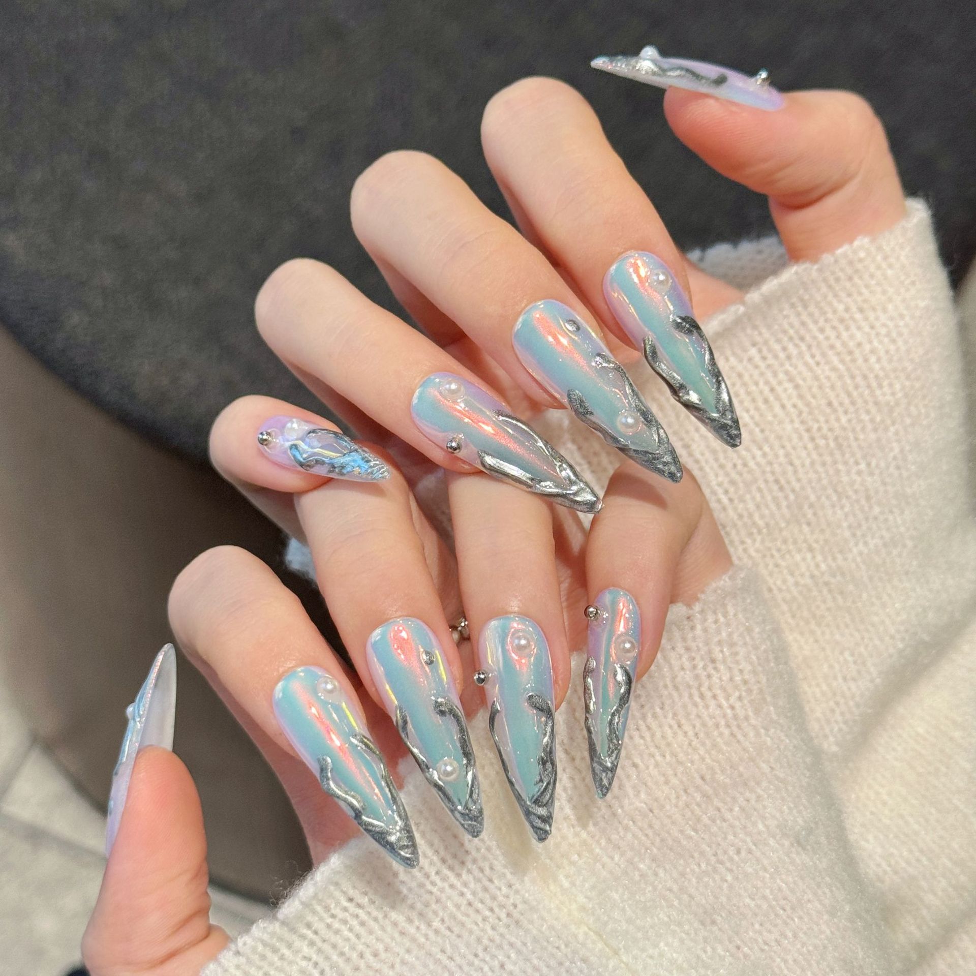 10pcs Silver Aurora Long Stile - đánh giá và giá Nail Art Aesthetic