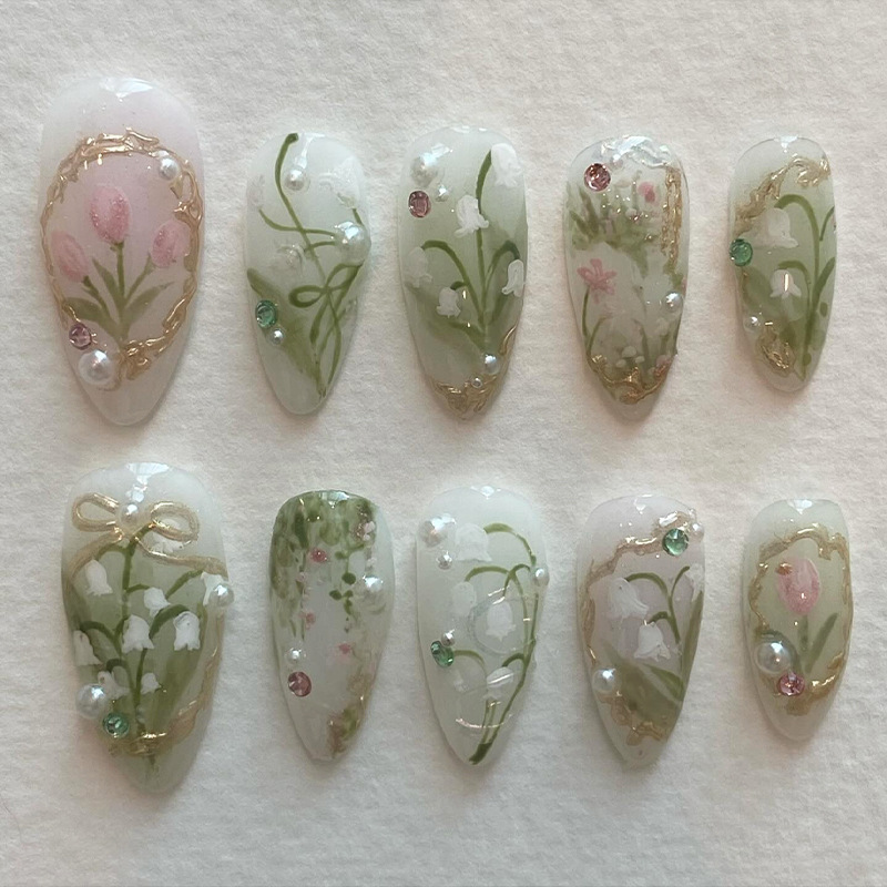 24Pcs Green French Fake Nails  - đánh giá và giá Nail Art Aesthetic